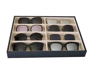 Svea Display Premium Quality Sunglasses Eyewear Jewelry Tray Organizer Display Dark Blue PU Leather Exterior Soft Velvet Liner Beige