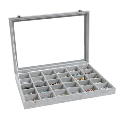 Wudygirl 30 Grid Jewelry Organizer Velvet Jewelry Box Jewelry Tray with Clear Lid Storage Case Showcase Display Stackable Removable 30 Grid