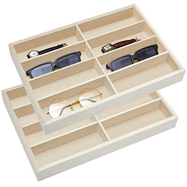 Amylove 2 Pcs Sunglass Organizer Trays Glasses Stackable Jewelry Trays Sunglass Organizer Display Box8 GridsBeige
