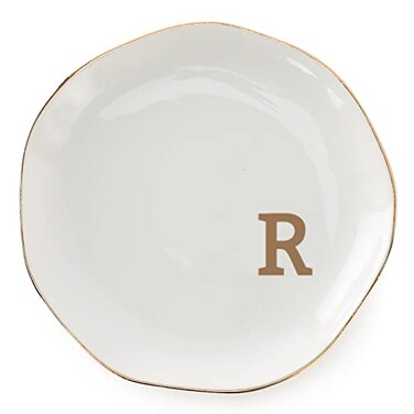 VINCOMIC Initials Ring Dish Jewery Tray with Personalized RMonogrammed Gifts Wedding Engagement for Women Friends SisterCeramic White