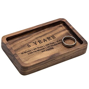 MUUJEE 5 Year Ring Dish Engraved Rectangle Wood Tray Small Jewelry Dish 5 Year Wedding Anniv Gifts Ideas Small 55 x 35 inches