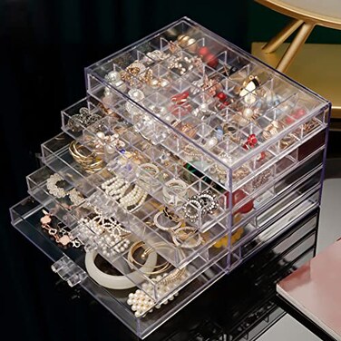 QIYUSHRY Acrylic Jewelry Box Earring Storage Box 5 Drawers Clear Transparent Jewelry Display Stand Storage Holder 55 Compartment Tray Organizer for Earring Necklace Rings Bracelet