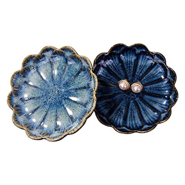 BOSILI Ceramic Blue Flower Jewelry Tray Set of 2 Reactive Glaze Trinket Dishes Decorative Small Ring Dish Earring Holder Key Organizer for Vanity Nightstand Office