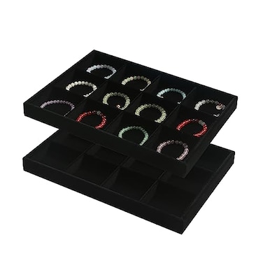 Coward 2PC Black Velvet Stackable 12 Grids Jewelry Organizer Tray Bracelet Display Stand for Selling Velvet Necklace Holder Earring Box Storage 12grid12grid