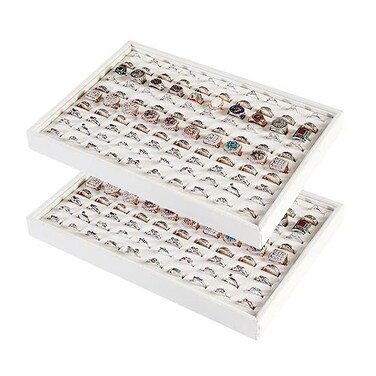 Coward 2PcsSet Stackable Ring Organizer Tray Beige Velvet Ring Earring Stud Jewelry Display Holder Tray for Store Selling or Home Show Storage