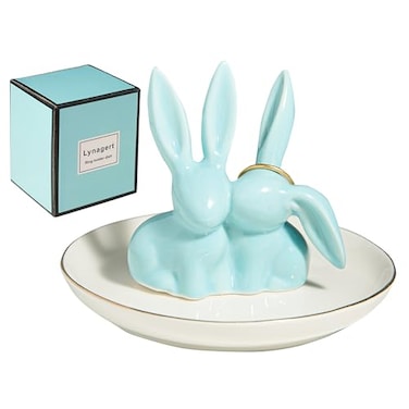 Lynagert Bunny Rabbit Ceramic Jewelry Holder Dish Trinket Tray for Rings Earrings Necklace Organizer Wedding Engagement Ring Holder Blue