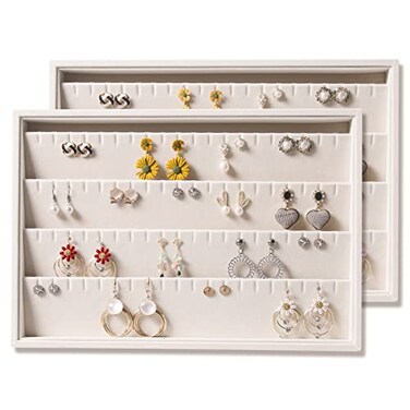 Coward 2PC Stackable Earring Tray Drawer Jewelry Holder Organizer Box Storage Earring Display Stand for Selling beigeearringearring
