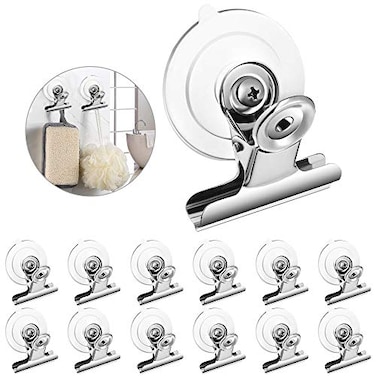 Aufind 12 Packs Suction Cup Clip Plastic Round Suction Cup Clamp Holder Strong Window Glass Suction Cup Clip for Hanging Kitchen Bathroom Office Accessories