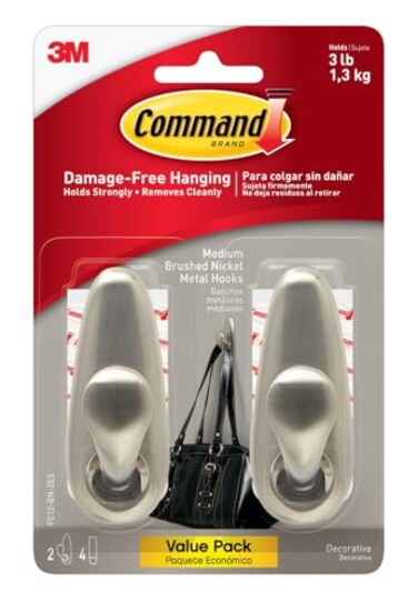 Command Medium Brushed Nickel Hooks 2 Wall Hook and 4 Strips DamageFree Hanging with Adhesive No Tools Hanging Home and Room Decor Holds up to 3 lb