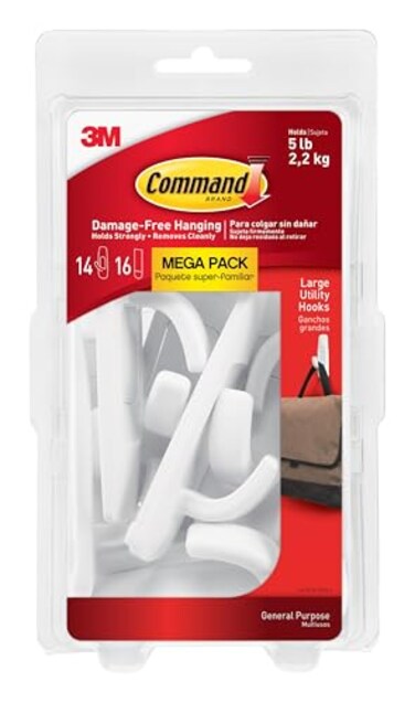 Command 5 lb Large Utility Hooks 14 Hooks and 16 Strips DamageFree Hanging Wall Hook with Adhesive Strips No Tools Required Great for Home Kitchen Office Organization