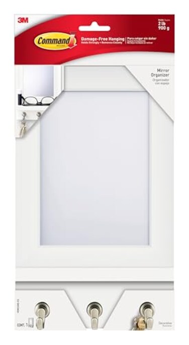 Command Mirror Organizer with 3 Key Hooks and Small Ledge Holds up to 2 lb Quartz Removable Wall Mirror for Entryway or Hallway Perfect for Onthego Items
