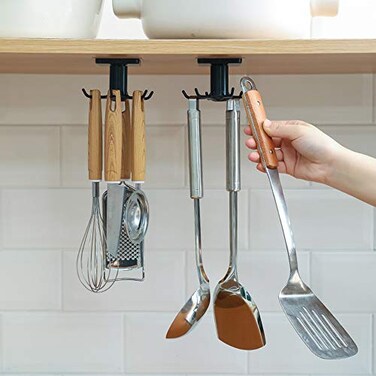SHBaizoy 2PCS Under Cabinet Hooks 360 Rotation Kitchen Hooks for Utensilsstorage shelf rv must havesNail Free Adhesive Kitchen Utensils Hanging Hooks for Kitchen UtensilsToolsTowelKnife Black