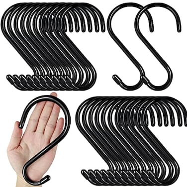 DINGEE 24 Pack Heavy Duty S Hooks Non Slip Rubber Coated 7mm Thick Metal Black S Hooks for Hanging Plants Closet Bird Feeders Kitchen Large Objects Tools Bikes