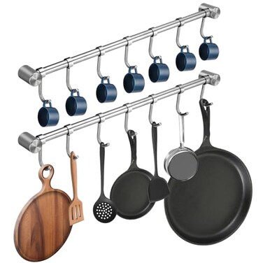 WSTECHCO Pot Hangers 16 Inch Wall Mount Or Under Cabinet Hanging Bars With 7 Sliding Hooks Per Rod 304 Stainless Steel Heavy Duty Pot Rack Kitchen Organizer Utensil Cups Handling Versatile Space Savin