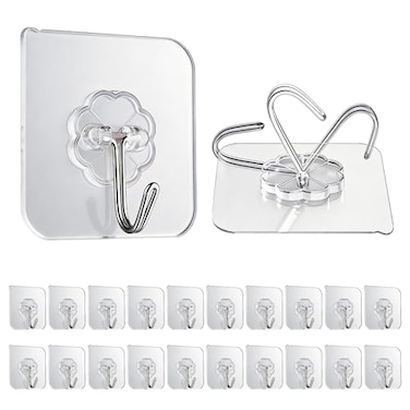 GEPUTING 20 Pack Heavy Duty Self Adhesive Wall Hooks Holds 33lb Max Transparent Waterproof Oilproof Hooks for Bathroom Kitchen No Drilling Strong Adhesive Holds Towels Robes Coats Utensils