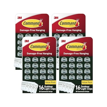 Command Outdoor Light 4 Pack of 16 Clear Clips and 20 Strips Damage Free Hanging with Adhesive Strips Wall Clips for Hanging Outdoor Lights and Cables Outside
