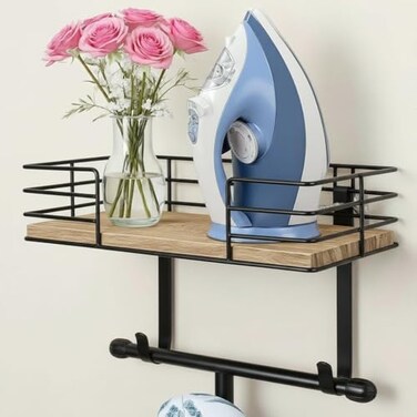 THYGIFTREE Ironing Board Holder Wall Mount with Shelf Ironing Board Hanger with Basket Metal Iron Holder Wall Mounted Laundry Room Organizer for Iron and Board Storage