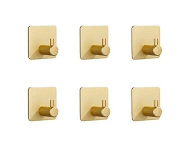 HomeImpel Heavy Duty Adhesive Hooks 6 Pcs Wall Adhesive Hooks Stainless Steel Hooks for Home Bathroom Kitchen Office Living Room Gold