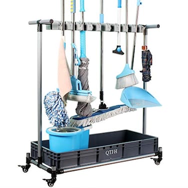 QTJH broom and mop holder put wet mops movable Commercial mop rack cleaning tool cart storage for garden garage organizer mop drain rack