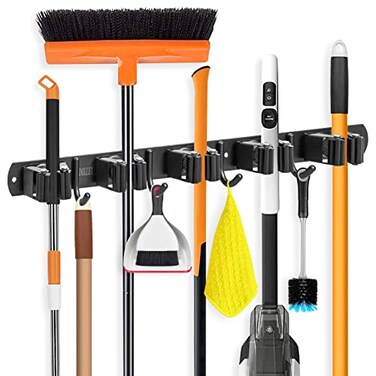 IMILLET Broom Holder Wall Mount Broom Holder Stainless Steel Heavy Duty Garage Organization Broom Organizer Wall Mount Self Adhesive Laundry Room Organization and Storage5 Racks and 4 Hooks