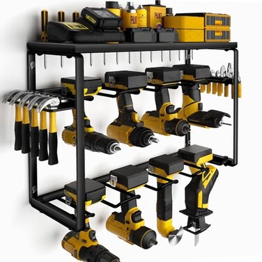 7S garage Spampur Power Tool Organizer 8 Drill Holders Wall Mount 3 Layer Heavy Duty Metal Storage for Garage Organization Tools Storage with Hooks Screwdriver Hammer Holder Fathers Day Mens Birthday