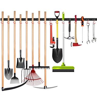 WALMANN All Metal 64 Inch Wall Mount Garden Tool Organizer for Garage Mop and Broom Holder Yard Tool Storage Rack for Rake Shovel Spade Mop Broom4 Rails 16 Hooks