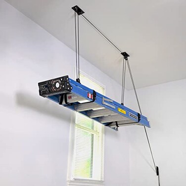 StoreYourBoard Ladder Storage Ceiling Pulley System Garage Mount Hoist Heavy Duty Hanging Organizer Holds 150 lbs