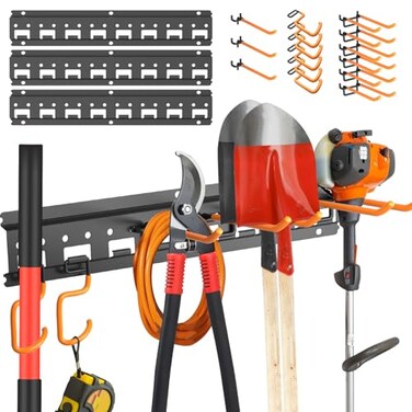 Unaikoo Garden Tool Organizer Wall Mount Garage Storage and Organization Yard Tool Hanger with Adjustable Pegboard Hooks Shed Rack for Broom Mop Shovel Rake Trimmers 48 inch Max 550lbs Black