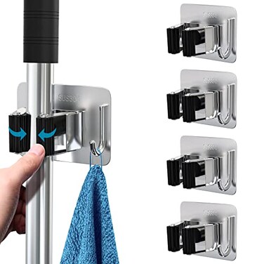 homeasy Mop Broom Holder No Drill Mop Broom Organizer Wall Mounted Heavy Duty with Hooks Hanger Self Adhesive Stainless Steel 4Pcs for Bathroom Kitchen Office Multicolor