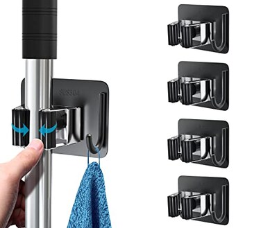 homeasy Mop Broom Holder No Drill Mop Broom Organizer Wall Mounted Heavy Duty with Hooks Hanger Self Adhesive Stainless Steel 4Pcs for Bathroom Kitchen Office Multicolor