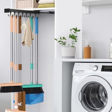 PrimZooty Pull Out Broom Holder With Adjustable Double Row Sliding Hook Multifunctional Slide Broom And Mop StorageOrganizer Garage Organization Hooks for Closet Laundry 41cm1614inch