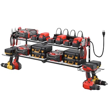 CCCEI Large Garage Tools Storage with Charging Station Power Tool Battery Organizer Utility Shelf with Power Strip 4 Drills Holder Wall Mount Rack