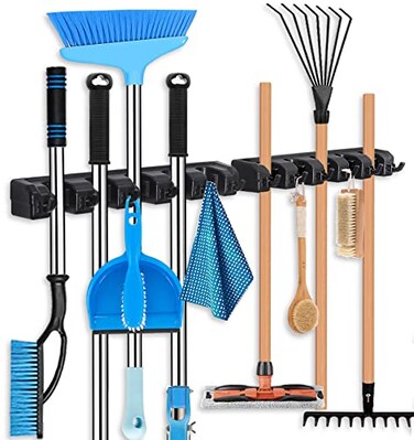 HYRIXDIRECT Broom Hanger Wall Mount Broom and Mop Organizer Wall Hanging Garden Tool Organizers Rack Garage Laundry Room Organizations and Storage with Hooks Heavy Duty