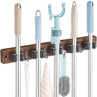 OUTNILI Mop and Broom Holder Wall Mount Wood Broom Mop Hanger Wall Mounted Garden Tool Rack Organizer for Closet Garage Laundry Room for Rustic Kitchen Decor With 5 Slots 4 Hooks