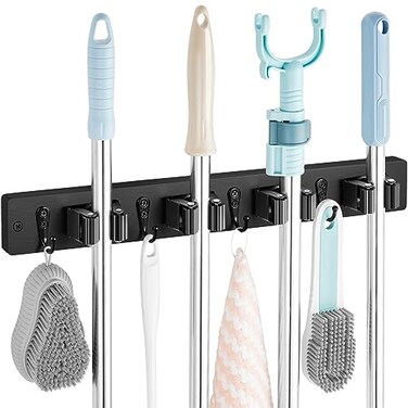 OUTNILI Black Mop Broom Holder Wall Mount with 4 Slots 4 Hooks Rustic Wood Broom Mop Hanger for Pantry Closet Laundry Room Organization Heavy Duty Garden Tool Organizer Black Kitchen Decor