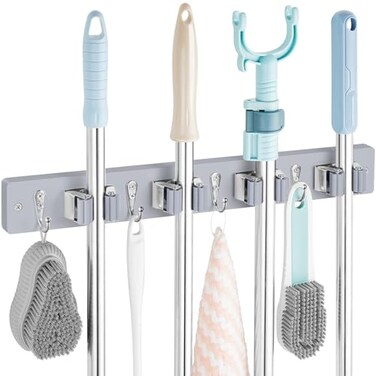 OUTNILI Gray Mop Broom Holder Wall Mount with 4 Slots 4 Hooks Wood Broom Mop Hanger for Pantry Closet Laundry Room Organization Heavy Duty Garden Tool Organizer