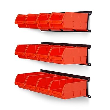 Ultrawall Wall Mounted Storage Bins Plastic Hanging Storage Organizer Bins Garage Tool Storage System for Screws Nuts Bolts Nails and Small Hardware Parts 12x bins 3 x rails Orange