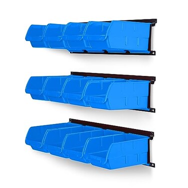 Ultrawall Wall Mounted Storage Bins Plastic Hanging Storage Organizer Bins Garage Tool Storage System for Screws Nuts Bolts Nails and Small Hardware Parts 12x bins 3 x rails Blue