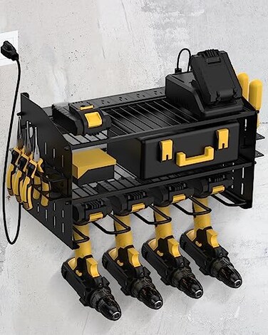 WellMall Power Tool Charging Station 3 Layer Wall Mount Power Tool Organizer with Charging Station for Power Drill 6AC Outlets Great as Heavy Duty Tool Rack Tool Holder for Garage Organization