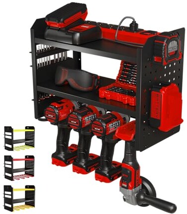 BUILTSTRONG Power Tool Organizer Wall Mount 3Tier HeavyDuty Steel Rack 4 Drill Slots Pegboard Utility Side 100 lb Capacity Garage Workshop Shed Storage Black
