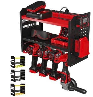 BUILTSTRONG Power Tool Organizer Wall Mount 3Tier HeavyDuty Steel Rack 4 Drill Slots Pegboard Utility Side 100 lb Capacity Garage Workshop Shed Storage Red