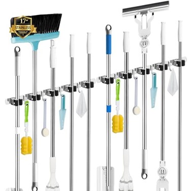 AceMining 2 Pack Mop and Broom Holder Wall Mount 5 Racks and 4 Hooks Broom Organizer Storage Tool Racks Stainless Steel Heavy Duty Hooks Self Adhesive Solid Nonslip for Home Kitchen Garden Laundry Gar