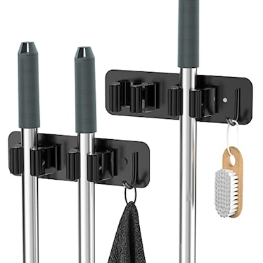homeasy Wall Mount Mop and Broom Holder Heavy Duty Stainless Steel Organizer Rack with Hooks 2Pack 2in1 No Drill Screw Installation Black