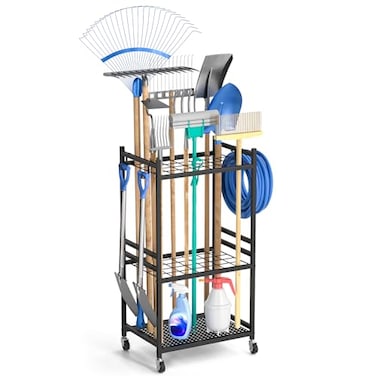 DAOUTIME Garden Organizer With Wheels Yard Tower Rack for Garage Storage Up to 35 LongHandled Tools Sturdy Metal Steel Holder With 3 Hooks Outdoor Black