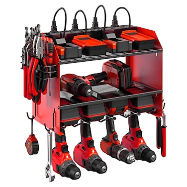 CCCEI Modular Power Tool Organizer Wall Mount with Charging Station Garage Drill Storage Shelf with Hooks Heavy Duty Rack Tool Battery Holder Built in 8 Outlet Gift for Men Red 1 Pack