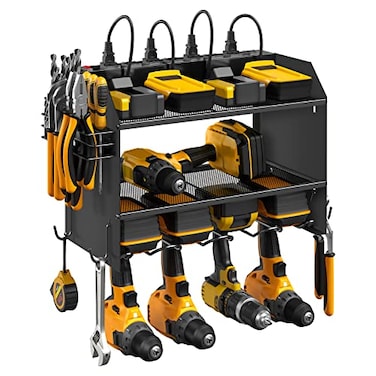 CCCEI Modular Power Tool Organizer Wall Mount with Charging Station Garage Drill Storage Shelf with Hooks Heavy Duty Rack Tool Battery Holder Built in 8 Outlet Gift for Men Black 1 Pack