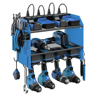 CCCEI Modular Power Tool Organizer Wall Mount with Charging Station Garage Drill Storage Shelf with Hooks Heavy Duty Rack Tool Battery Holder Built in 8 Outlet Gift for Men Blue 1 Pack