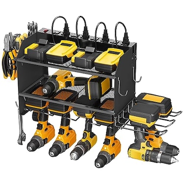 CCCEI Modular Power Tool Organizer Wall Mount Charging Station Black 6 Drills Holder with 8 Plug Power Strip Garage Drill Battery Heavy Duty Metal Shelf Utility Rack with Hooks Side Storage