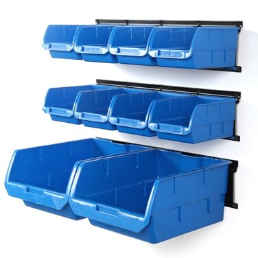 Wallmaster Wall Mounted Storage Bins Wall Storage Bins Parts Rack 10 Bins3 Rails Wall Mount Tool Organizer Hardware Storage Organizer Blue