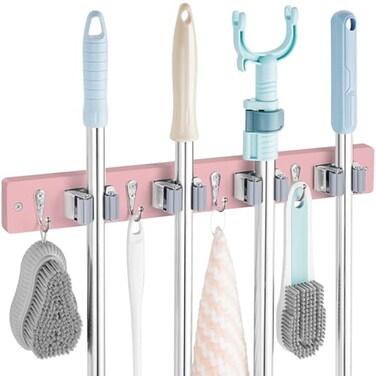 OUTNILI Pink Mop Broom Holder Wall Mount with 4 Slots 4 Hooks Wood Broom Mop Hanger for Pantry Closet Laundry Room Kitchen Organization for Pink Kitchen Decor and Accessories